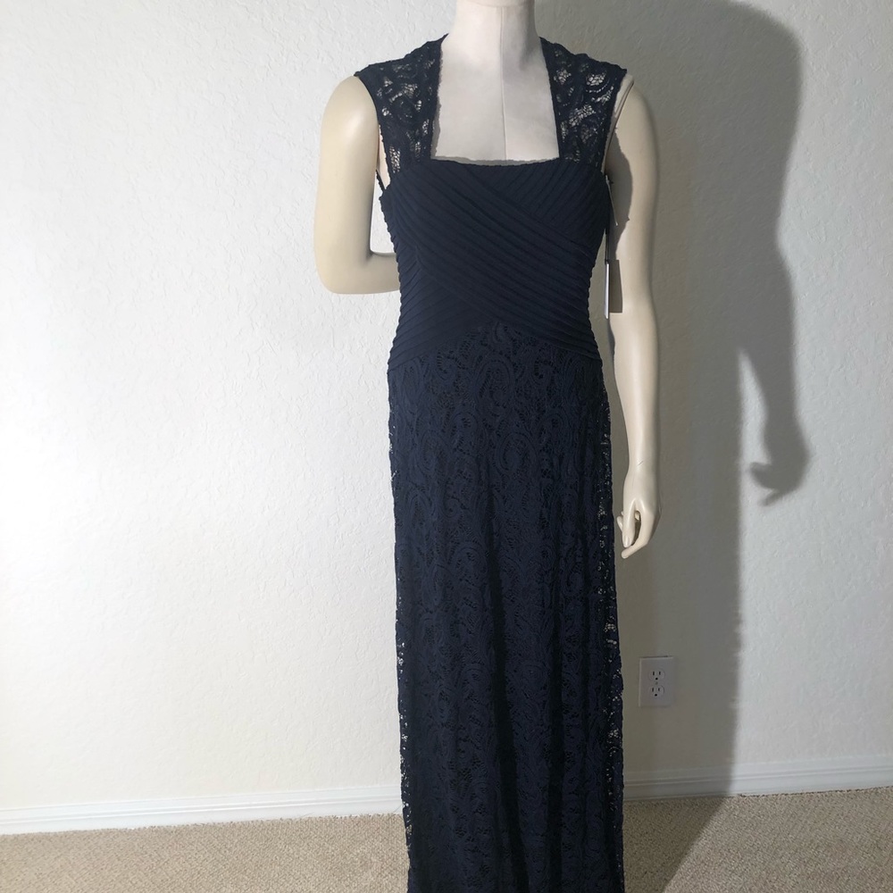 Calvin Klein Navy Blue dress formal gown comfortable cross lace prom bridesmaid
